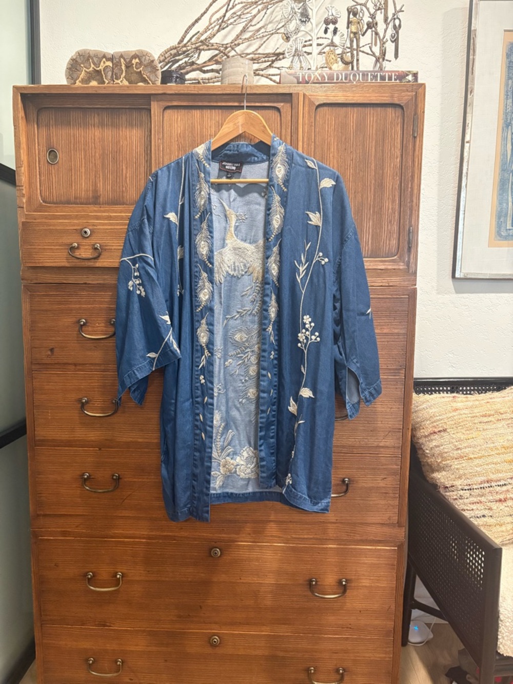 Johnny Was Indigo Embroidered Open Kimono Jacket